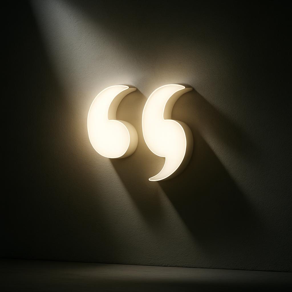 A wall-mounted contrasting light fixture in the shape of two quotation marks.